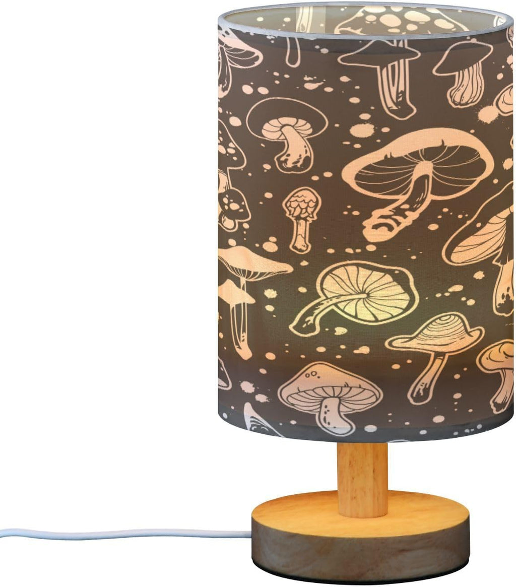 Black White Mushroom Bedside Table Lamp with USB Port Wood Base Round Flaxen Fabric Shade B467721