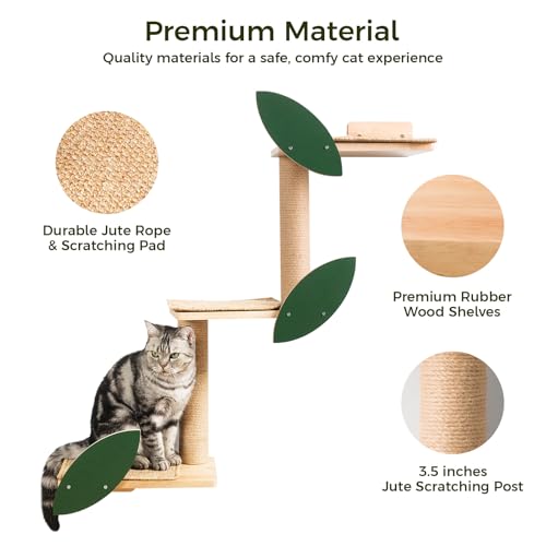 Cat Wall Shelves with Leaves, 2 Platform, Rubber Wood Wall Perch with Mat, Bridge J229356