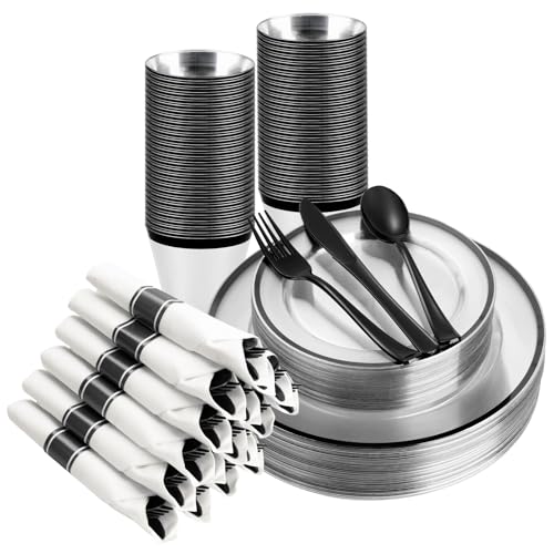 350PCS Clear and Black Disposable Plates Set with Plastic Cups and Pre-Rolled Napkins B212546