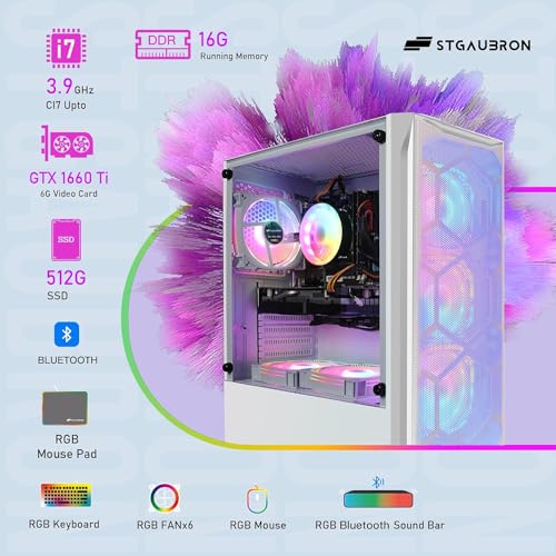 Gaming PC Desktop Computer, Intel Core I7 up to 3.9 GHz, Radeon RX 580 8G, 16G RAM, 512G SSD, WiFi, Bluetooth 5.0, RGB Fan x6, RGB BT Sound Bar, Windows 10 Home S9718