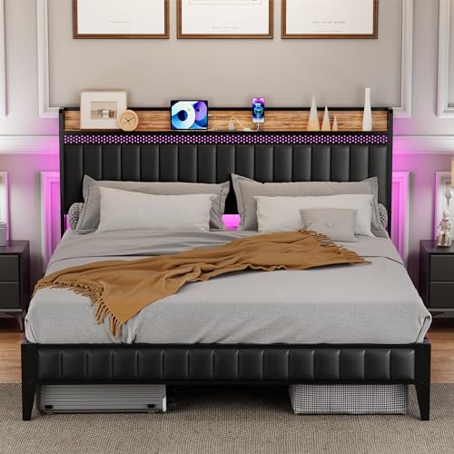 Black Queen Upholstered Platform Bed Frame with Storage Headboard T3462