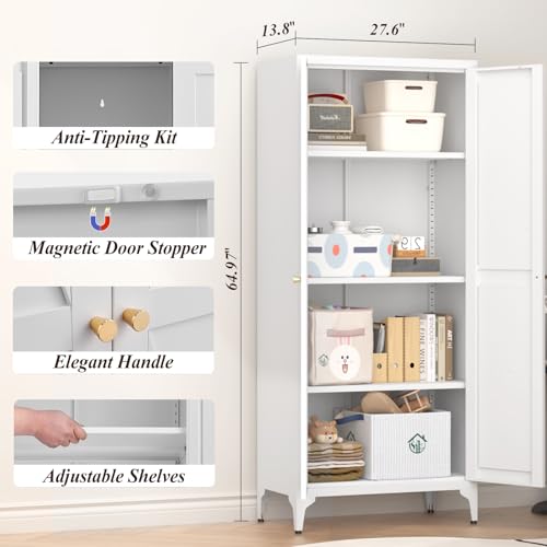 White Metal Tall Kitchen Pantry Cabinet with Doors and Adjustable Shelves V5515