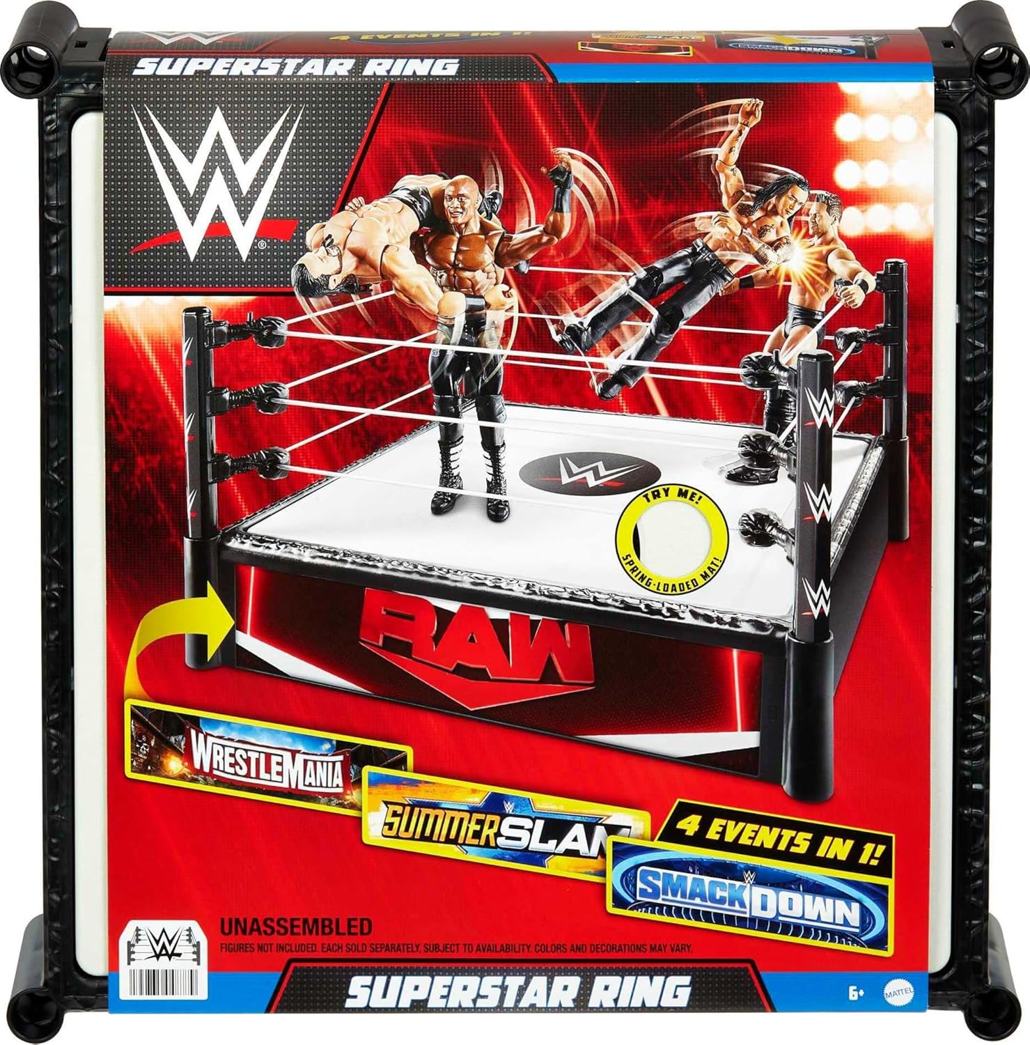 WWE Superstar Ring Playset with Spring-Loaded Mat, Pro-Tension Ropes & 4 Event Stickers, 14-inch J9503
