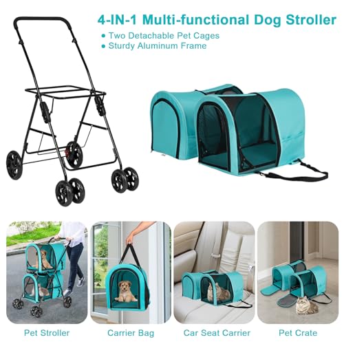 Grey Double Pet Stroller with 4 Wheels and 2 Detachable Carrier Cages C749