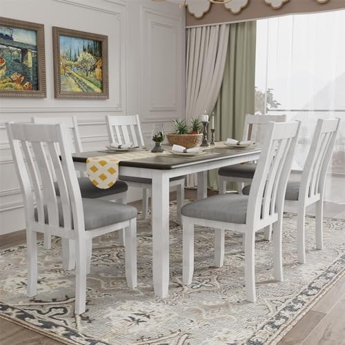 7 Pieces Dining Table Set with 6 Upholstered Chairs and Extendable Tabletop, Solid Wood X21945