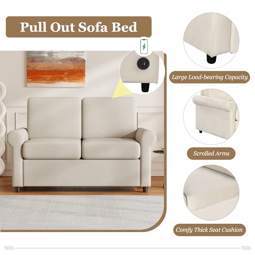Beige Pull Out Sofa Bed with Twin Size Mattress Pad K701