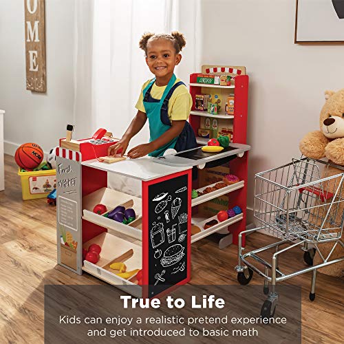 Red Wooden Supermarket Toy Set with Play Food, Cash Register, Conveyor F303776