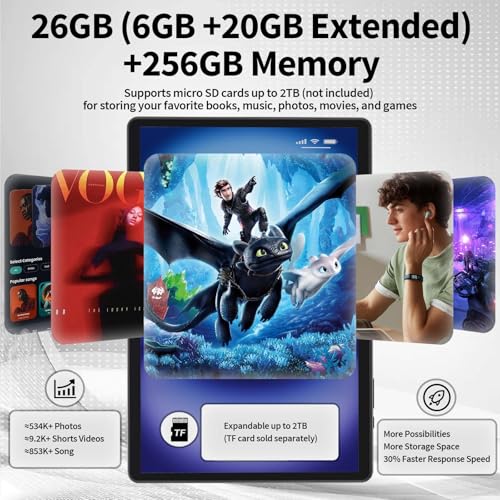 Android 14 Tablet 10 inch with Keyboard, 26GB RAM+256GB ROM, 8000mAh, Black O26598