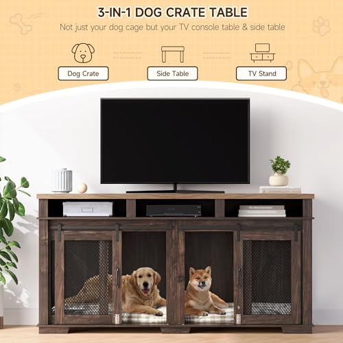 Brown Wooden Dog Crate with 3 Storages and Removable Divider E890