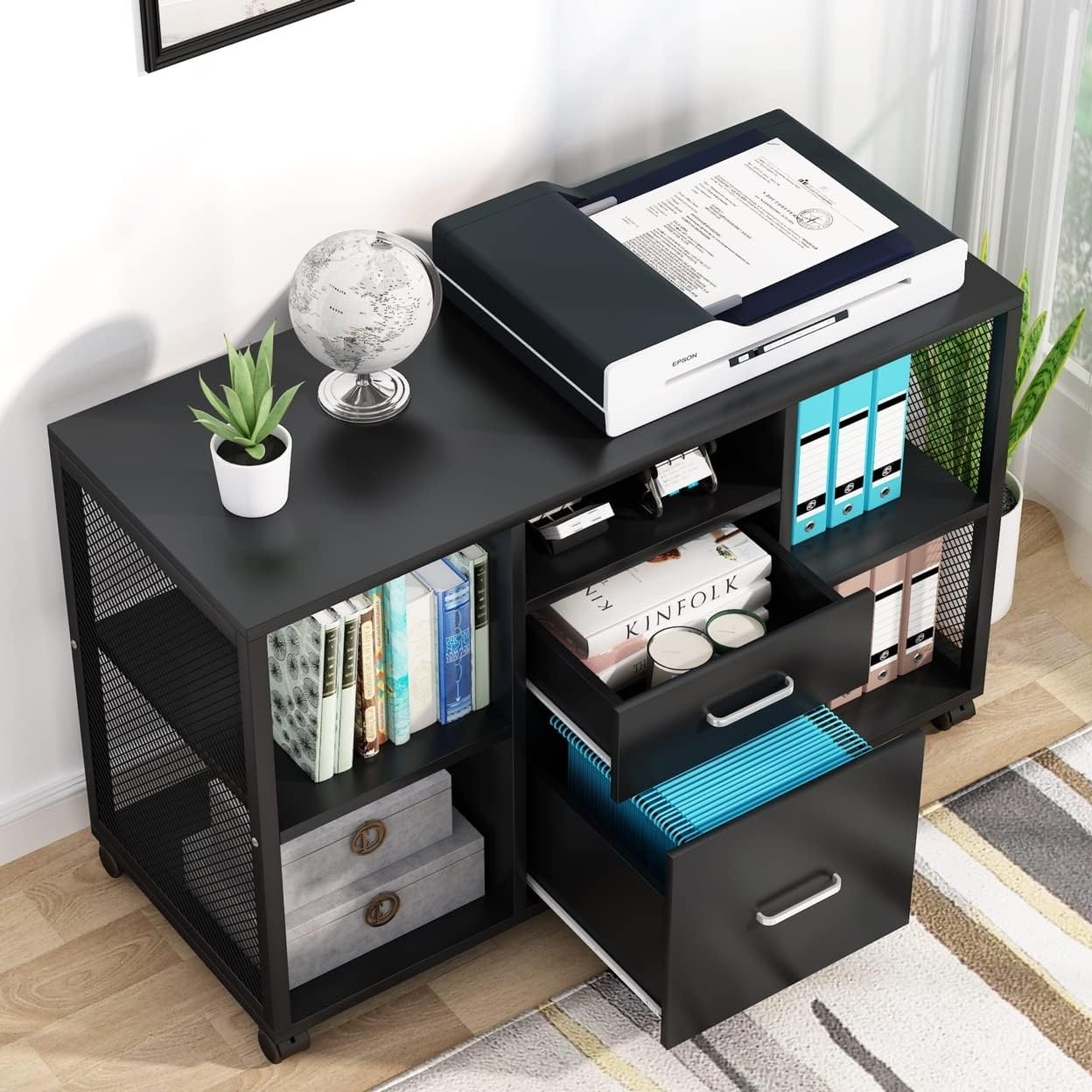 2 Drawer Wood File Cabinet with Open Storage Shelves P409