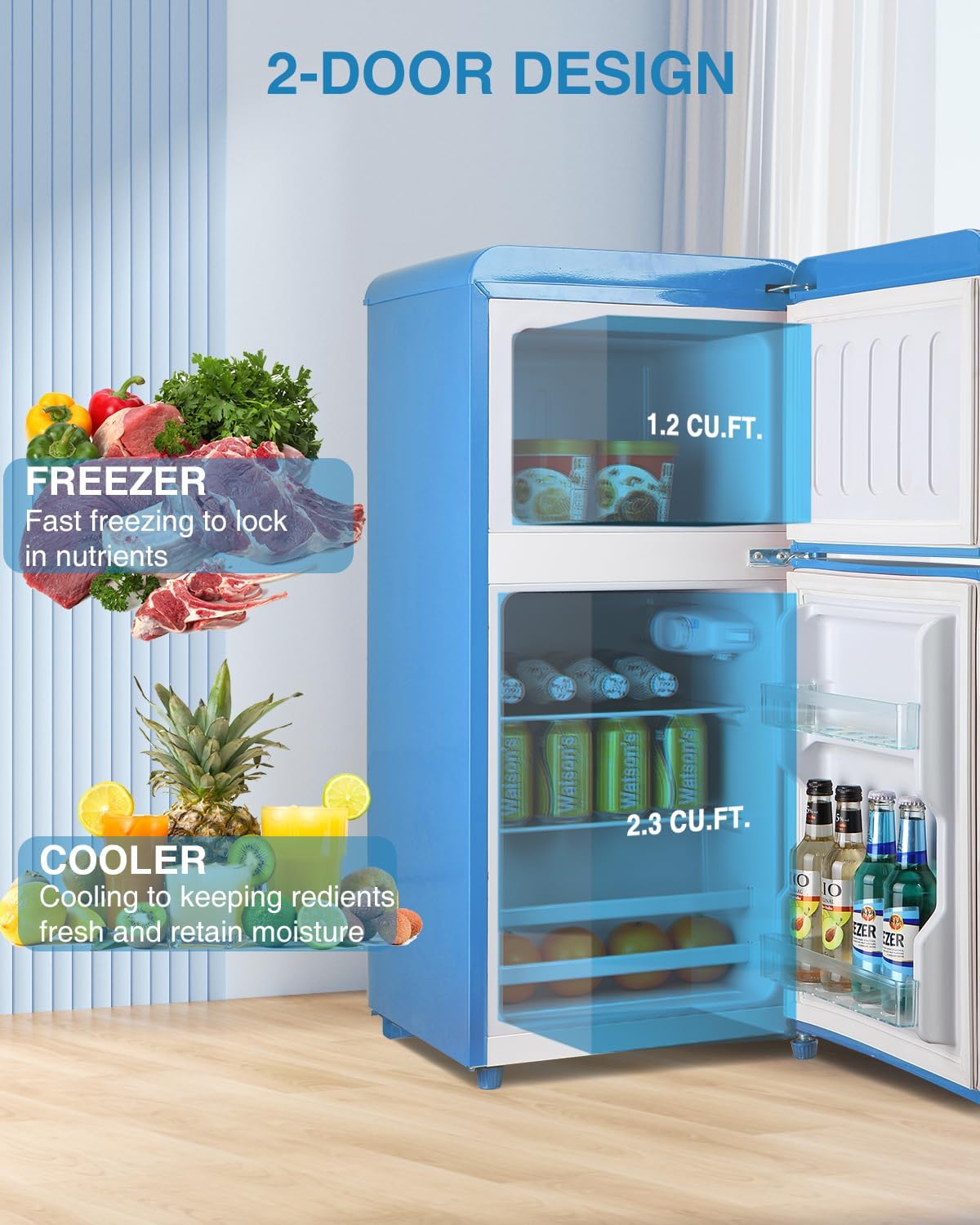 Compact Refrigerator Double Door Mini Fridge with Freezer, 3.5 Cu.ft, Blue Y168