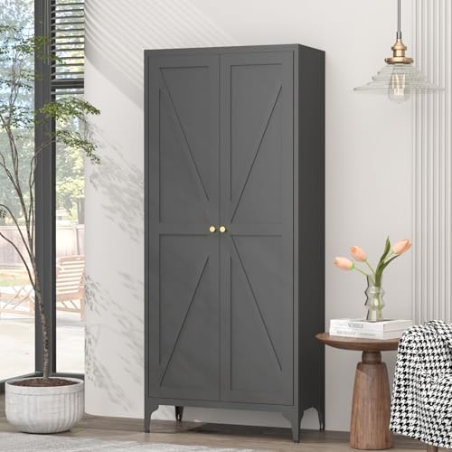 White Metal Tall Kitchen Pantry Cabinet with Doors and Adjustable Shelves V5515
