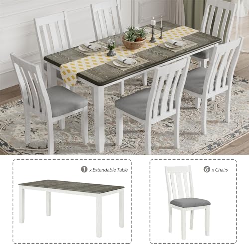 7 Pieces Dining Table Set with 6 Upholstered Chairs and Extendable Tabletop, Solid Wood X21945