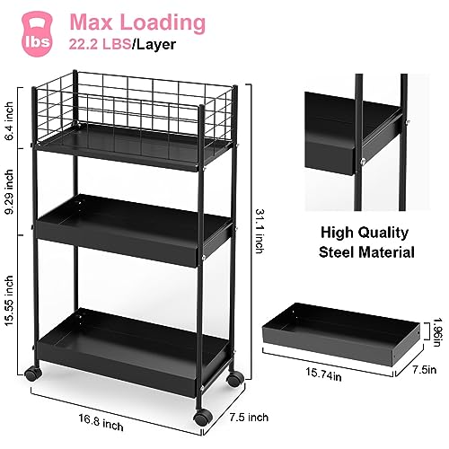 Black 3 Tier Metal Rolling Utility Cart L6945