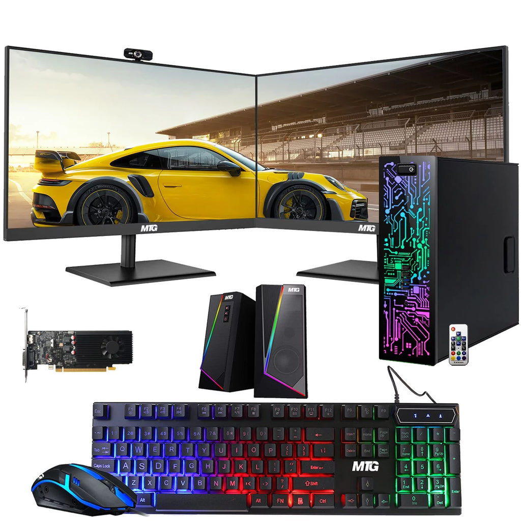 Restored Gaming Desktop PC, Intel Core i5 4th Gen, GT 1030 Graphics, 16GB RAM, 1TB SSD, 24 Inch Dual Monitor, RGB Keyboard Mouse, Speaker, Webcam, Win 10 Pro (Refurbished) T536