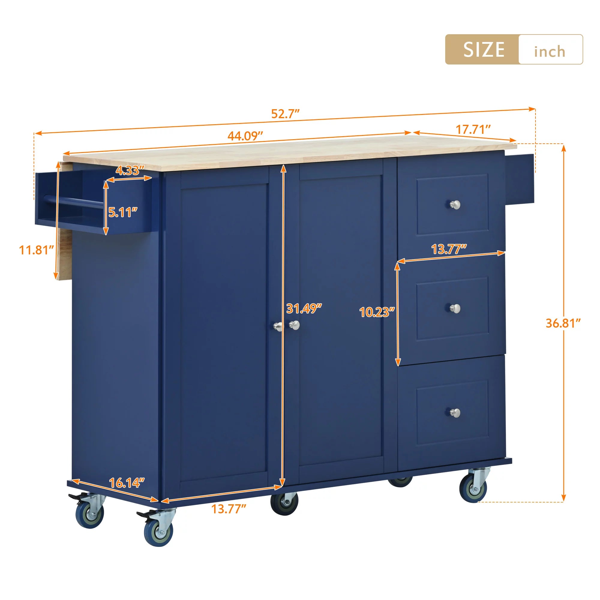 Dark Blue Mobile Kitchen Island Cart with Wood Top and Drop Leaf L542