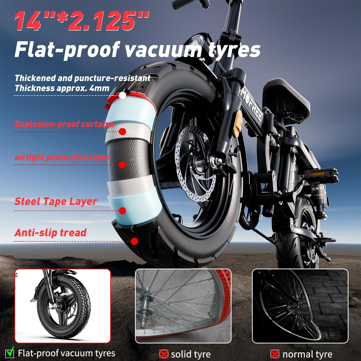 14" Folding Electric Commuting Bike with 1000W Brushless Motor, 48V 20Ah Removable Battery W7086