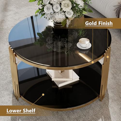 Black Round Coffee Table with Tempered Glass Tabletop and Metal Drum Base E87800