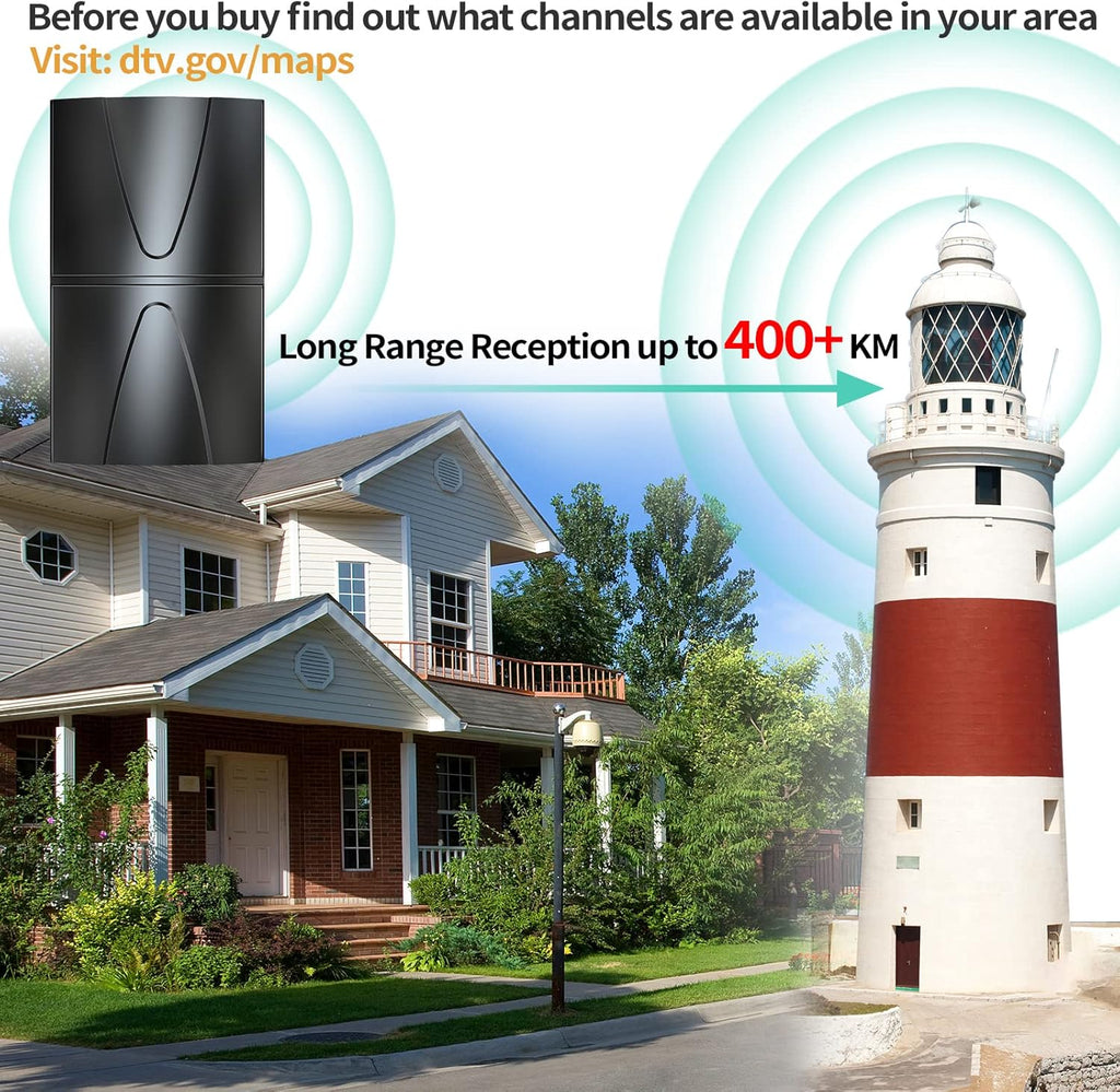 HD TV Antenna, Indoor/Outdoor Digital Antenna up to 400 Miles Range, 360° Reception with Smart Amplifier Signal Booster, 35FT Coaxial Cable F336297