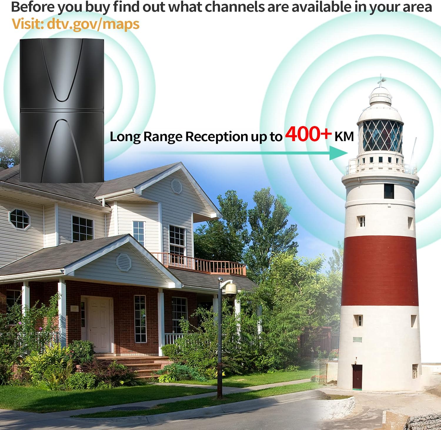 HD TV Antenna, Indoor/Outdoor Digital Antenna up to 400 Miles Range, 360° Reception with Smart Amplifier Signal Booster, 35FT Coaxial Cable F336297