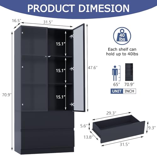 Glass Display Cabinet with LED Lights, 3-Tier Shelves and 2 Drawers X216489