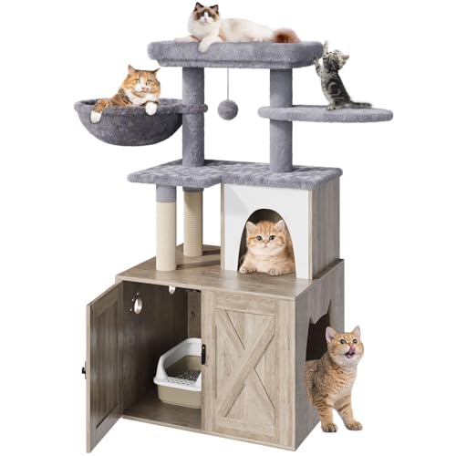 Grey Litter Box Enclosure with Cat Tree and Sisal Scratching Post W588290