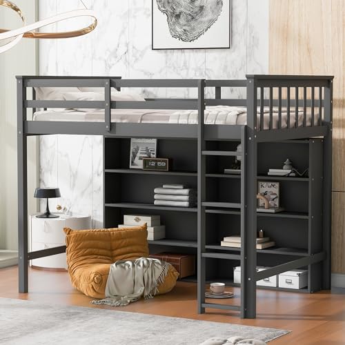 White Full Size Wood Loft Bed with Cabinet and Bookshelf L1251