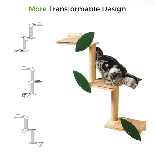 Cat Wall Shelves with Leaves, 2 Platform, Rubber Wood Wall Perch with Mat, Bridge J229356