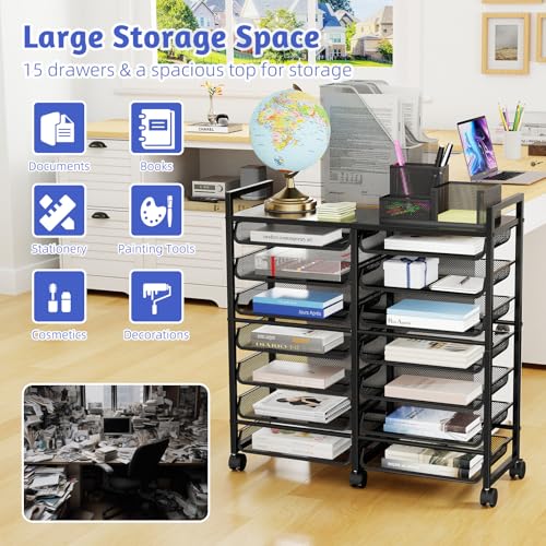 14 Tier Rolling File Cart with Sliding Trays, Black C9998