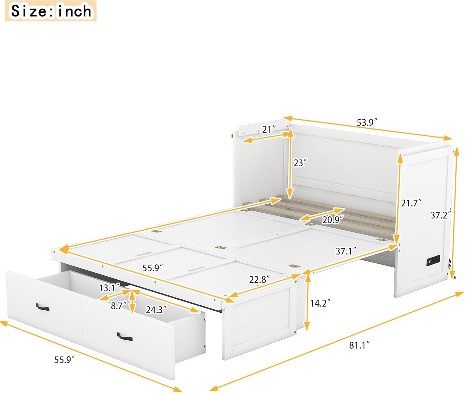 White Full Size Wood Murphy Bed with Storage Drawer C562314