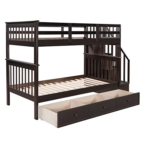 White Twin Over Full Wood Bunk Bed with Stairs and Storage Drawers Q9073