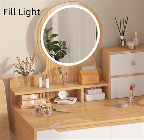 Natural Wood Vanity Desk with Lighted Mirror J344138