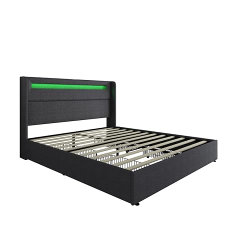 Queen LED Bed Frame with Wingback Headboard, Upholstered Platform Bed with 4 Storage Drawers & Charging Station, Dark Grey E190313