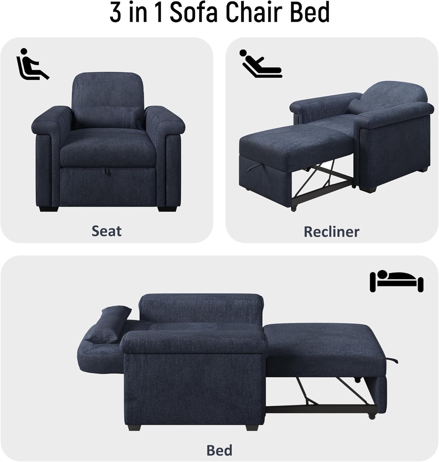 Dark Blue Convertible Sleeper Chair Sofa Bed with Pillow C605