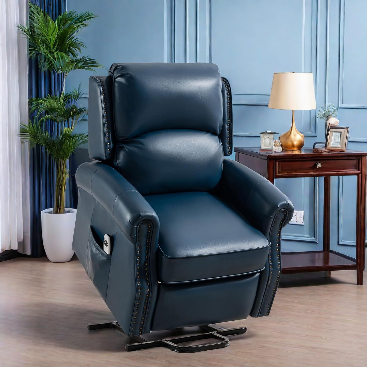 Navy Blue Faux Leather Power Lift Recliner Chair L397