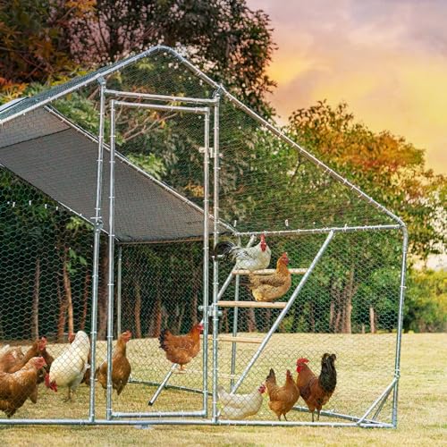Chicken Coop Run with Anti-Rust Durable Steel, Large Walk-in Poultry Cage with Cover R58328
