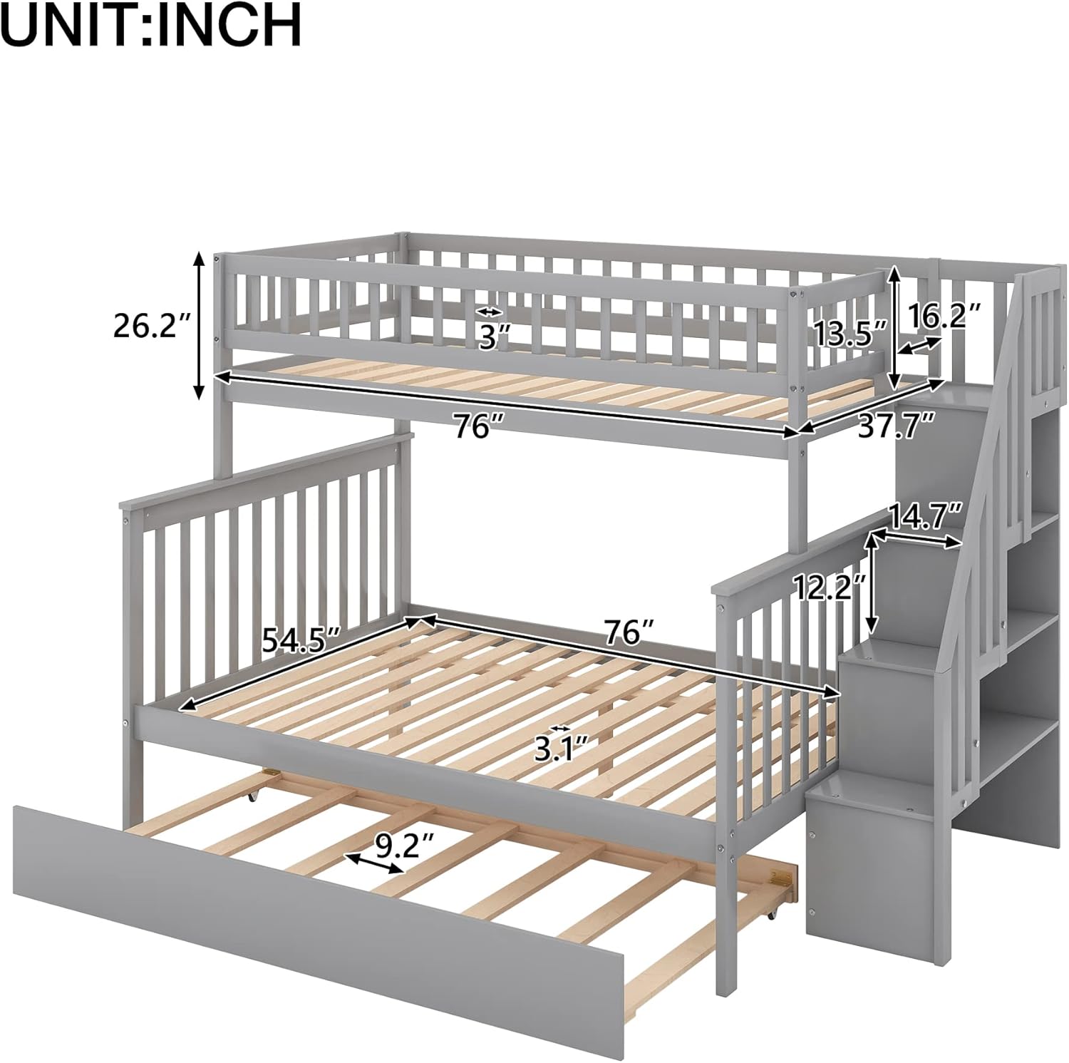 Gray Wood Twin Over Full Bunk Bed Frame with Trundle I225