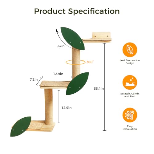 Cat Wall Shelves with Leaves, 2 Platform, Rubber Wood Wall Perch with Mat, Bridge J229356