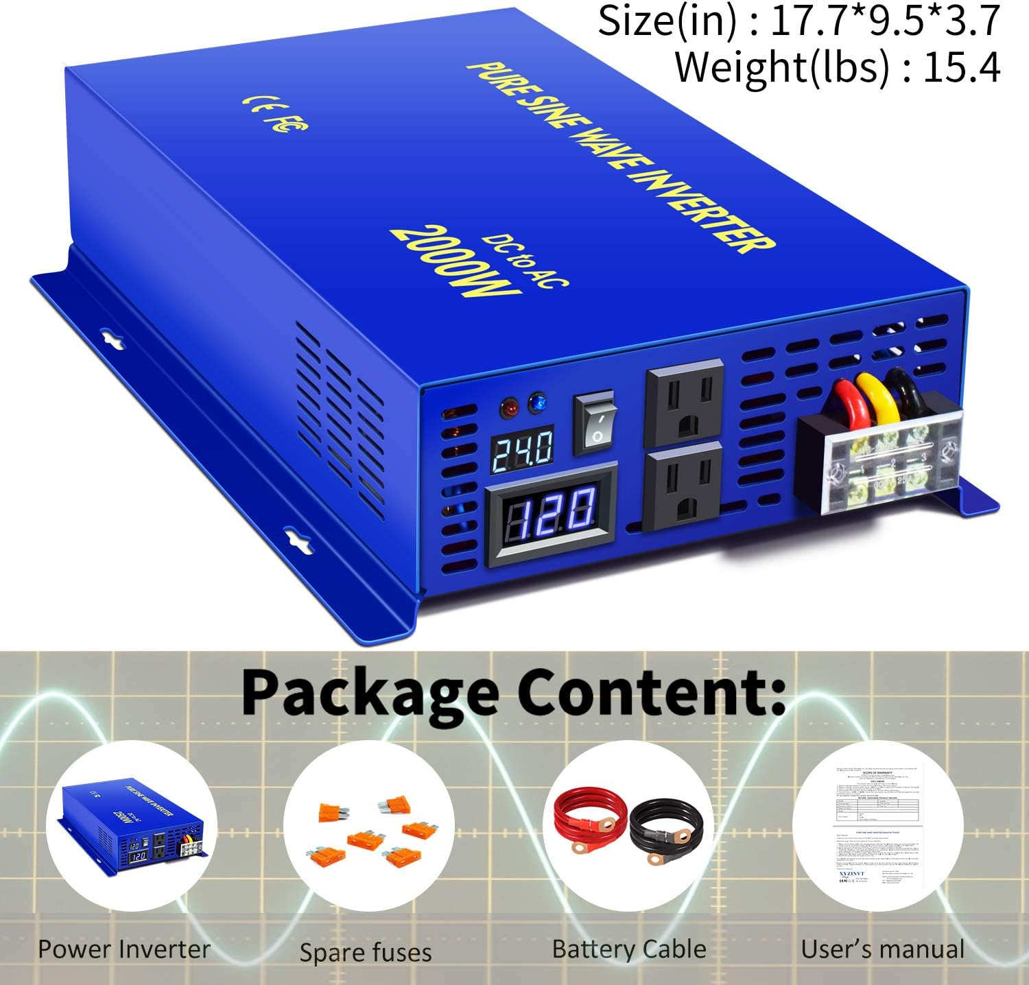 2500W Pure Sine Wave Inverter 24v to 110V 120V AC with Wireless Remote Switch Y709894