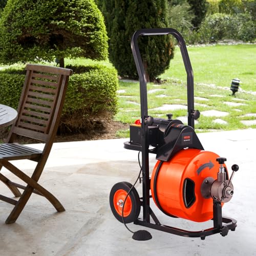 100FT x 3/4 Inch Drain Cleaning Machine Sewer Auger Auto Feed with 4 Cutter & Air-activated Foot Switch O43718
