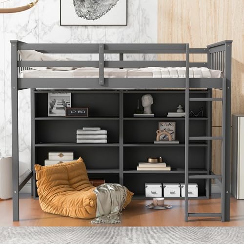 White Full Size Wood Loft Bed with Cabinet and Bookshelf L1251