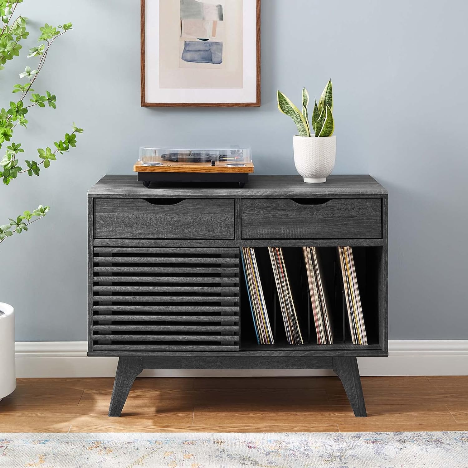 Charcoal Vinyl Record Display Stand with Drawers C876721