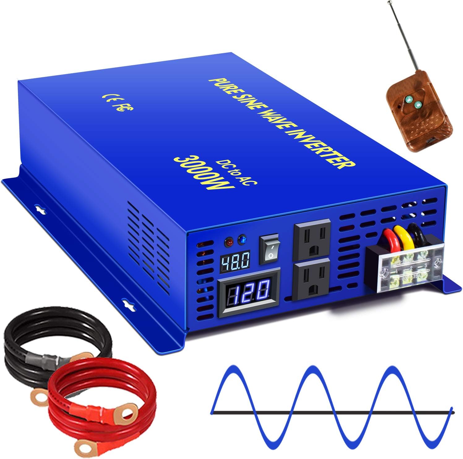 2500W Pure Sine Wave Inverter 24v to 110V 120V AC with Wireless Remote Switch Y709894