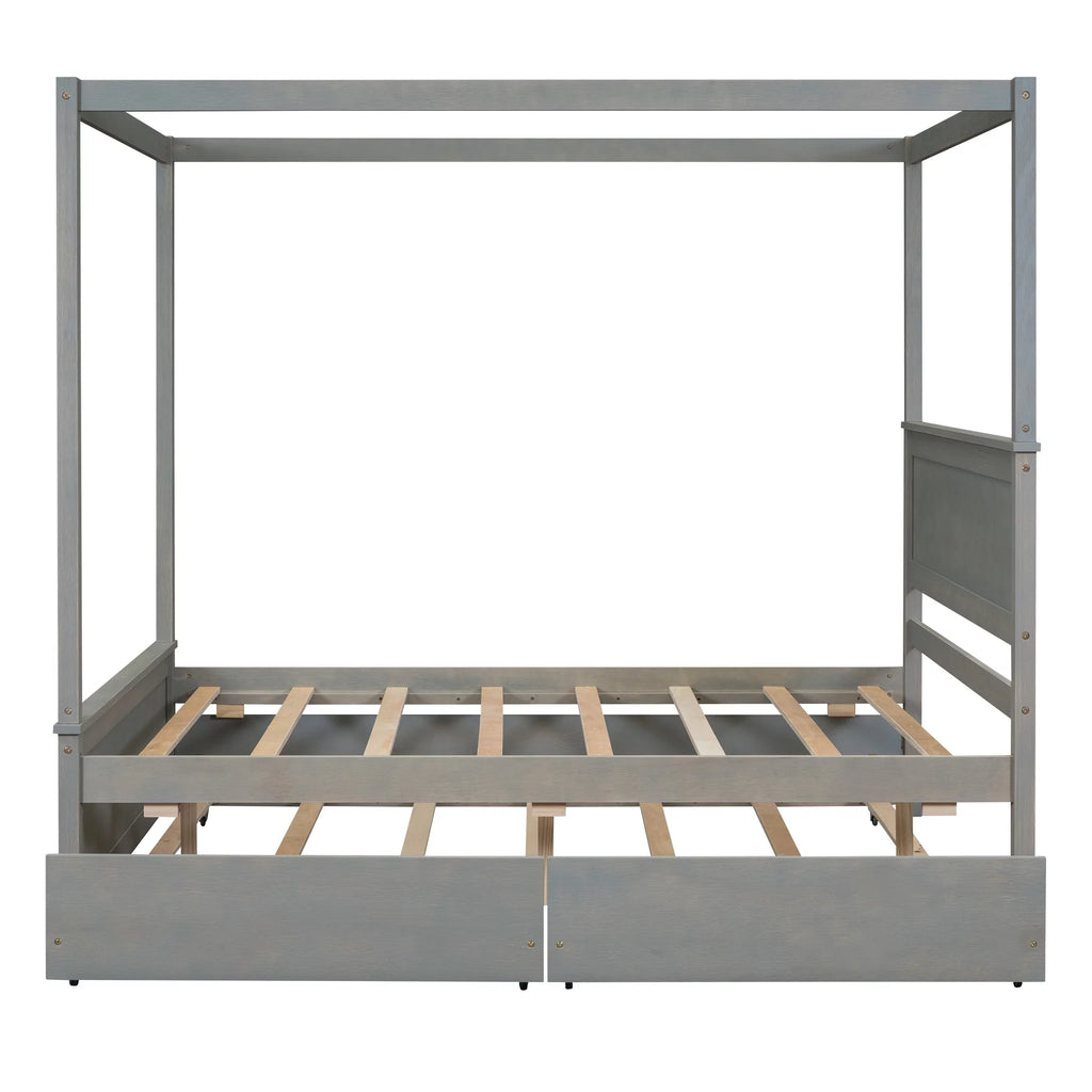 Gray Full Size Canopy Bed Frame with Trundle and 2 Storage Drawers V325443