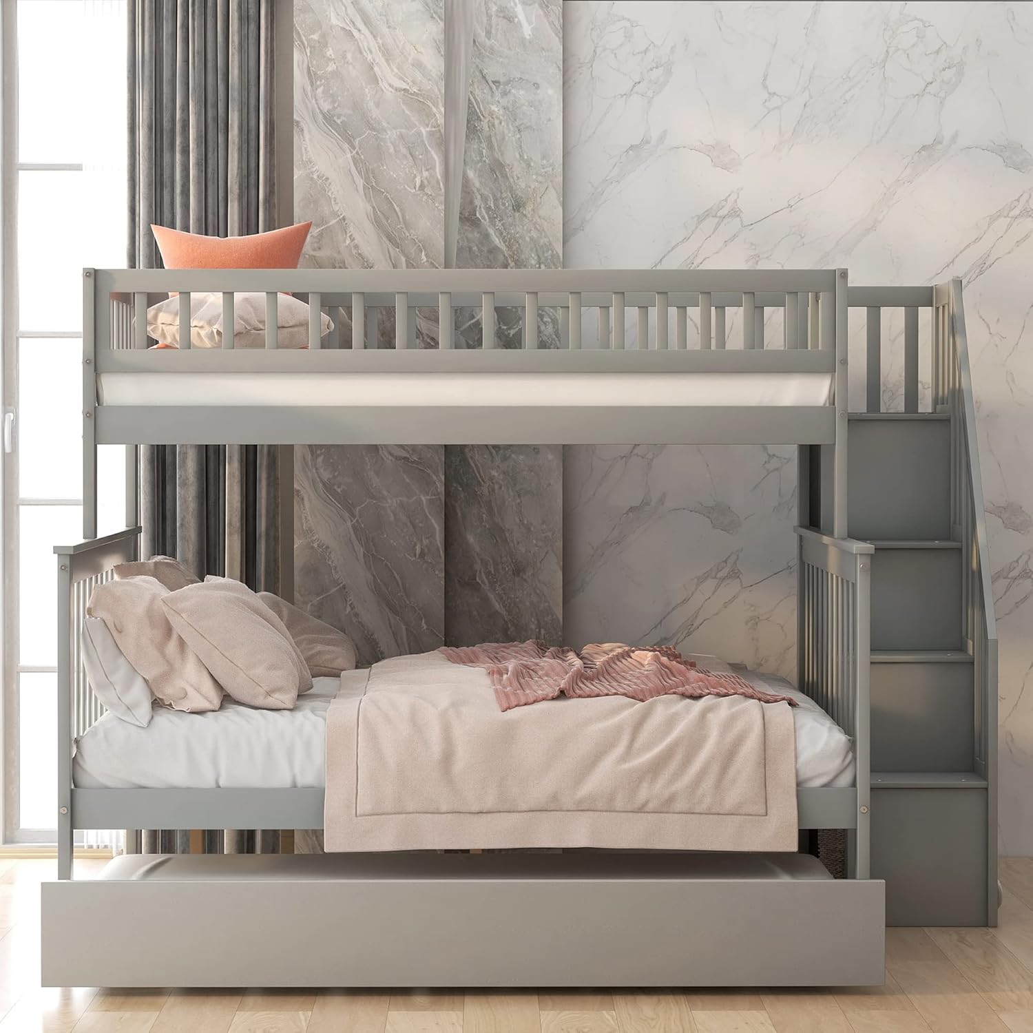 Gray Wood Twin Over Full Bunk Bed Frame with Trundle I225