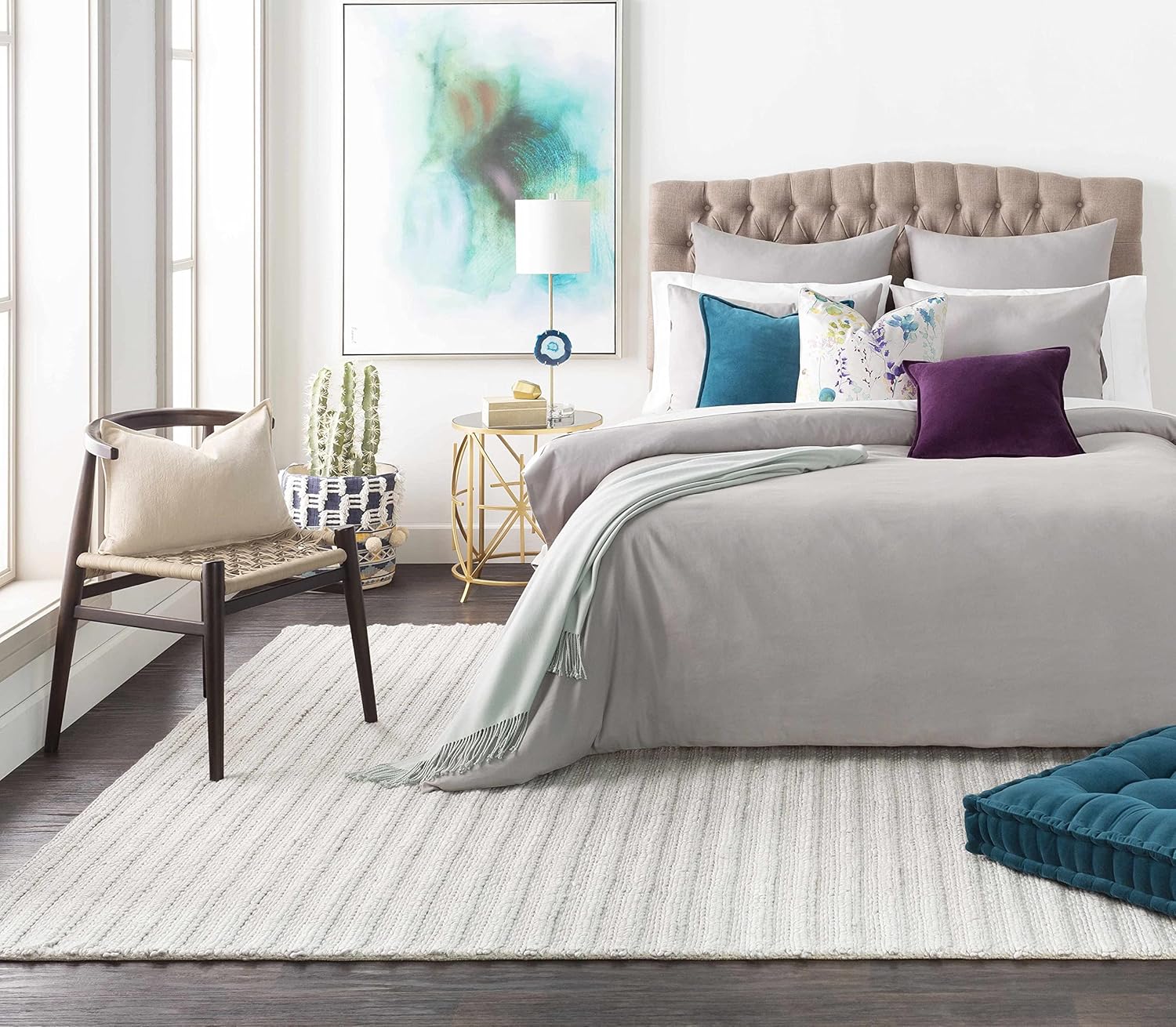 Wool & Viscose Bohemian Area Rug, Ivory, Beige, Cream, Grey, 10' x 14' D92787
