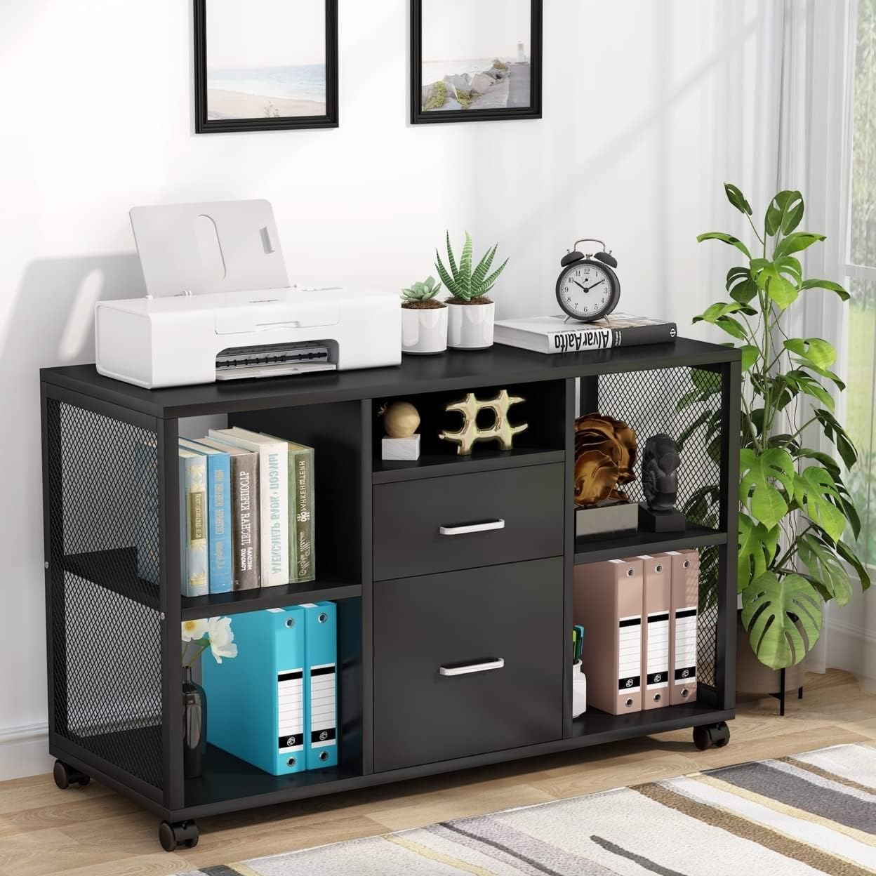 2 Drawer Wood File Cabinet with Open Storage Shelves P409